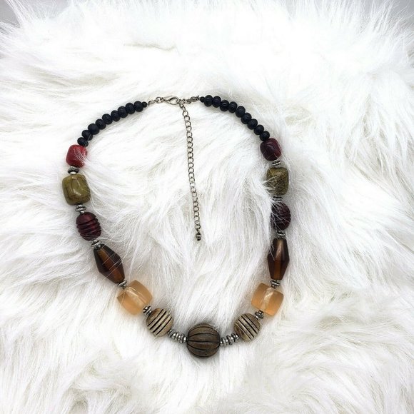 Semi Precious Wooden Curve & Art Bead Necklace - Picture 3 of 11